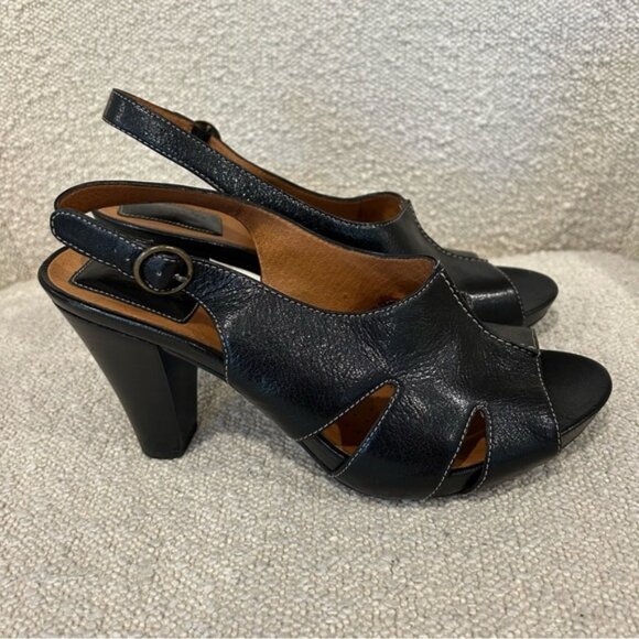 Clarks Artisan Splendor Lily Peep Toe Sandal Black Leather Slingback Block Heel - Picture 1 of 7